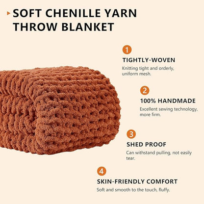 L'AGRATY Chunky Knit Blanket Throw: 80''x90'' Chenille Chunky Knitted Throw Blankets for Bed Couch - Handmade Thick Big Cable Knit Blanket - Large Crochet Rope Blankets for Home Decor(Rusty Orange)