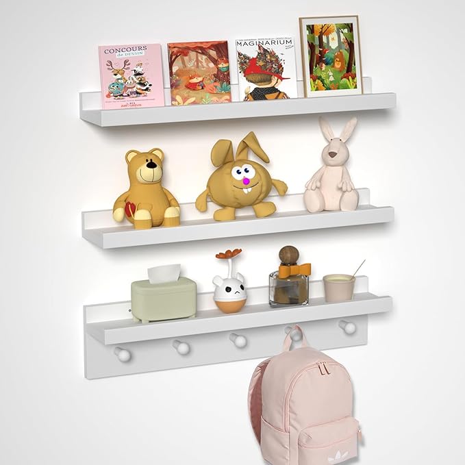 MBYD Picture Shelf Ledge, 24 Inch Floating Shelves for Wall, Nursery Book Shelves with Hooks Set of 3, Floating Shelf Wall Mounted for Bathroom,Kids Room, Living Room, Kitchen Bedroom White