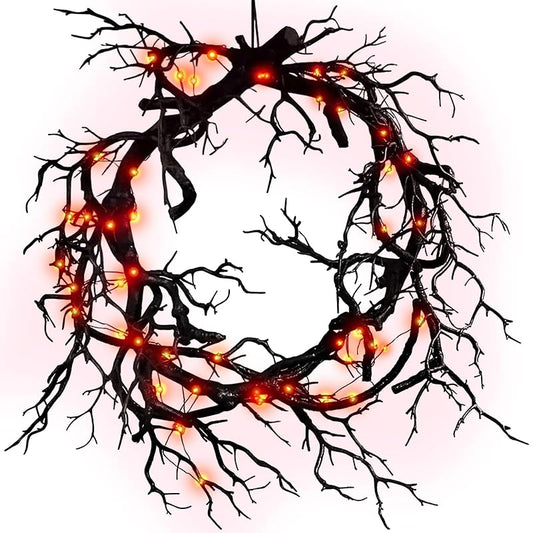 Halloween Black Branch Wreath Signs for Front Door with Red Lights,Handcrafted Halloween Horror Wreath for Indoor Outdoor Party Window Wall Decor Farmhouse Garland Yard