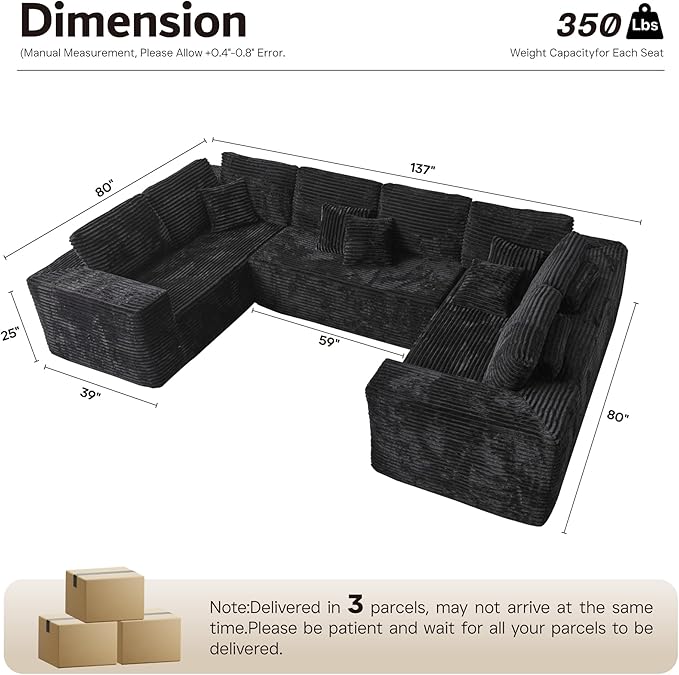 ovios Sectional Cloud Couch for Living Room, Modular Floor Sofa with Plush Corduroy, No Assembly Required, Big Comfy Couches Set with Fluffy Memory Foam, Stupendous U Shaped Sofas with Chaise, Beige