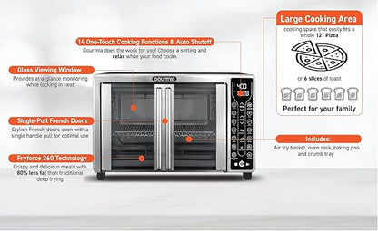 Gourmia Toaster Oven Air Fryer Combo 17 cooking presets 1700W french door digital air fryer oven 24L capacity accessories, convection rack, baking pan tray recipe book GTF7655,Large,Stainless Steel