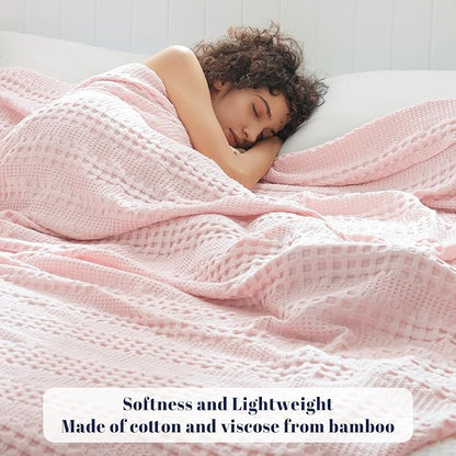PHF Cooling Waffle Blanket Queen Size, Lightweight 60% Rayon Derived from Bamboo & 40% Cotton Breathable Blanket for Hot Sleepers, Soft and Luxury for Bed Couch and Sofa, 90"x90", Pink