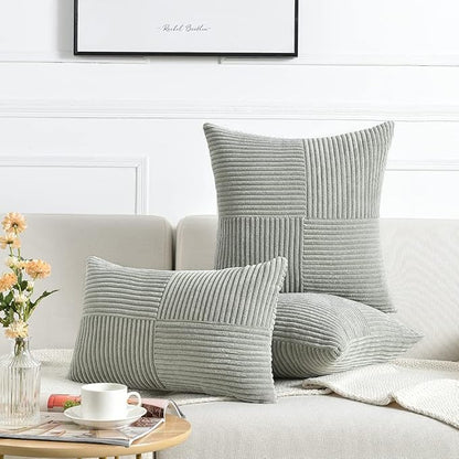 Fancy Homi 2 Packs Grey Decorative Throw Pillow Covers 18x18 Inch for Living Room Couch Bed Sofa, Rustic Farmhouse Boho Home Decor, Soft Corss Corduroy Patchwork Textured Square Cushion Case 45x45 cm