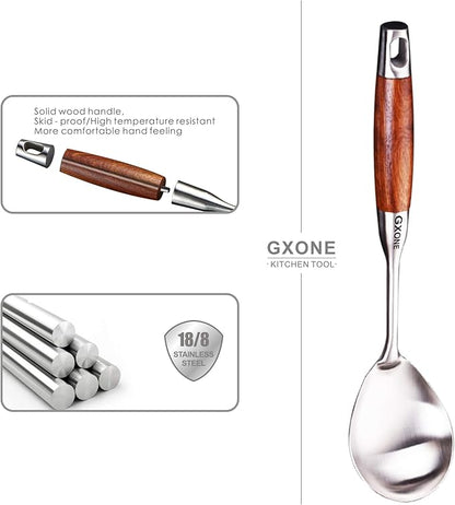 Large Serving Spoons,304 Stainless Steel Cooking Spoon with Heat Resistant Wooden Handle,Silver/12.4Inch