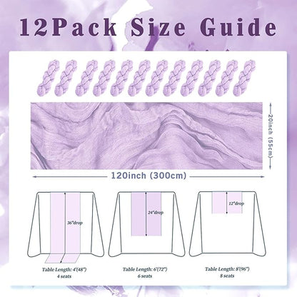 12 Pack Lilac Cheesecloth Table Runner 10FT Rustic Gauze Cheese Cloth Table Runner for Wedding 20 x 120 Inch Long Bridal Baby Shower Table Decor Boho Fabric Sheer Birthday Party Table Decorations