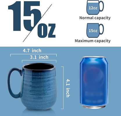 Hasense Porcelain Coffee Mugs Set of 6, 15 Ounce Large Ceramic Coffee Cups Set with Handle for Latte, Tea, Cocoa and Hot Chocolate, Blue Coffee Mugs for Men and Women, Microwave Safe