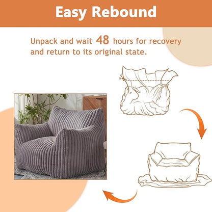 Giant Bean Bag Chairs for Adults with Filling Plush Fluffy Bean Bag Chairs for Teens with Armrests Comfy BeanBag Lazy Couch Sofa Chair for Bedroom Living Room Reading