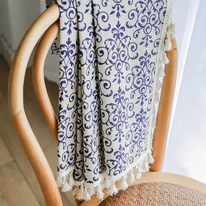 Sutuo Home Boho Curtain 84 Inches Length Semi-Blackout Bohemian Damask Moroccan Florals Print Darkening Curtains Tassels, Rod Pocket Window Treatment Drapes for Bedroom, 1 Panel 59" W x 84" L, Blue