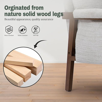Modern Accent Chairs Set of 2 for Living Room Mid Century Arm Chairs Upholstered Bedroom Chairs Comfy Lounge Chairs with Solid Wood Frame, White