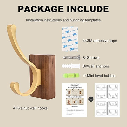 2 Pack Wooden Wall Hooks for Hanging, Adhesive Mounted Wall Mounted Boho Decorative Nature Wood Coat Hook for Towel Clothes Blanket Hat Backpack Robe Nursery Door Board Entryway Key Holder Gold