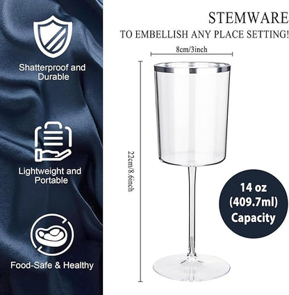Ciaell 12 Pack Plastic Wine Glasses - 14 Oz Plastic Wine Glasses with Stem - Square Silver Disposable Stemmed Glass for Parties & Weddings & Outdoors