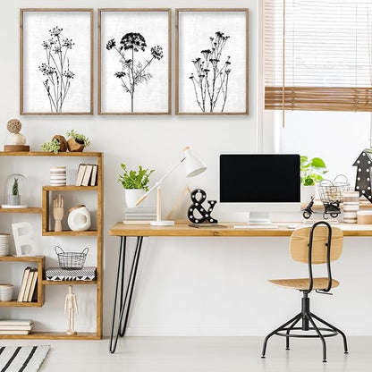 Flower Plant Wall Art Decor 16"x11" Set of 3 Black And White Botanical Painting Wood Framed For Minimalist Bedroom Office Rustic Living Room Abstract Wildflower Sign Hanging (Wood White)