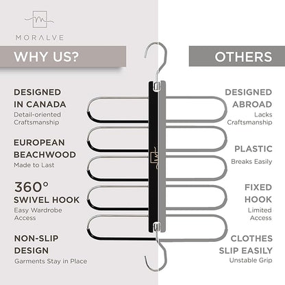 MORALVE Pants Hangers Space Saving - 2 Pack European Beechwood Scarf and Jean Hangers - Closet Organizer and Space Saver Pant Rack, Leggings Hanger, and Scarf Holder with 360° Swivel Hook