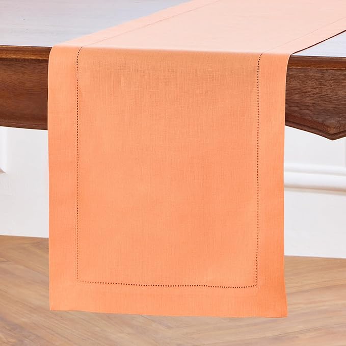 Solino Home Linen Coral Table Runner 144 Inches Long - 100% Pure Linen Extra Long Table Runner 14 x 144 Inch - Classic Hemstitch