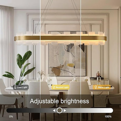 37.4" Natural Spanish Alabaster Rectangle Chandelier, Adjustable Luxury Ceiling Light for Dining Room Over Table, Kitchen Island, Modern Marble Chandeliers for Bedroom, Foyer, Entryway