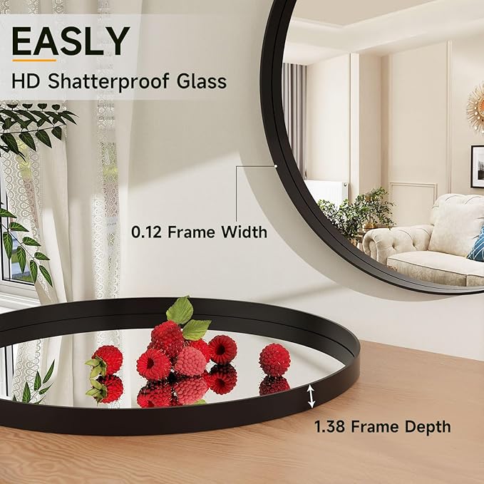 30 Inch Round Bathroom Mirror - Wall Mounted Circle Mirror with Metal Frame, Modern Mirror Suitable for Bathroom, Vanity, Entryway, Living Room, Wall Decor,Black