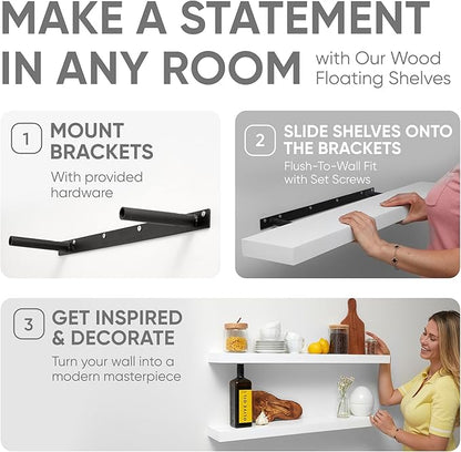 Homeforia Floating White Shelf 60 inches, High End Solid Real Wood 60inch Long Floating Shelves for Wall Mounted, White Wooden 60in Floating Shelves, Heavy Duty Bracket, 60 X 6.5 X 1.75 inch, Set of 2