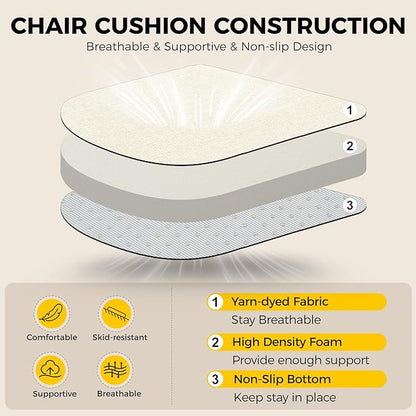 downluxe Indoor Chair Cushions for Dining Chairs, Foam Kitchen Chair Pads with Ties and Non-Slip Backing, 16" x 16" x 2", Beige, 6 Pack