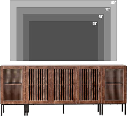 Farmhouse TV Stand for TVs up to 85 Inch, Entertainment Center TV Console with Storage Cabinets and Glass Doors,Media Console for Living Room, Brown