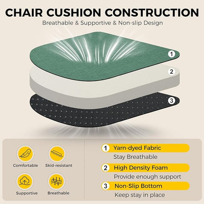 downluxe Indoor Chair Cushions for Dining Chairs, Soft and Comfortable Textured Memory Foam Kitchen Chair Pads with Ties and Non-Slip Backing, 16" x 16" x 2", Dark Green, 4 Pack