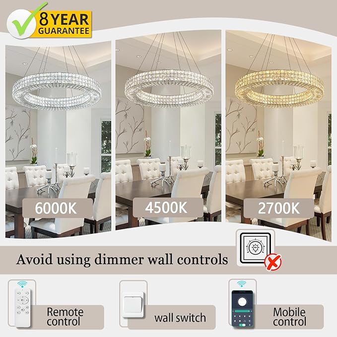 Dia 32" Ring Crystal Chandelier Modern Black Ring Chandelier Adjustable Height Luxury Crystal Pendant Ceiling Light Fixture for Dining Living Room Bedroom
