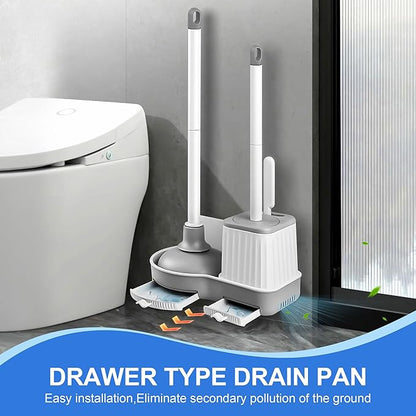 Toilet Brush and Plunger, 3 in 1 Toilet Bowl Brush and Holder with Crevice Cleaning Brush Wall Mounted Household Bathroom Cleaning Tools Combo Set(White-Gray)