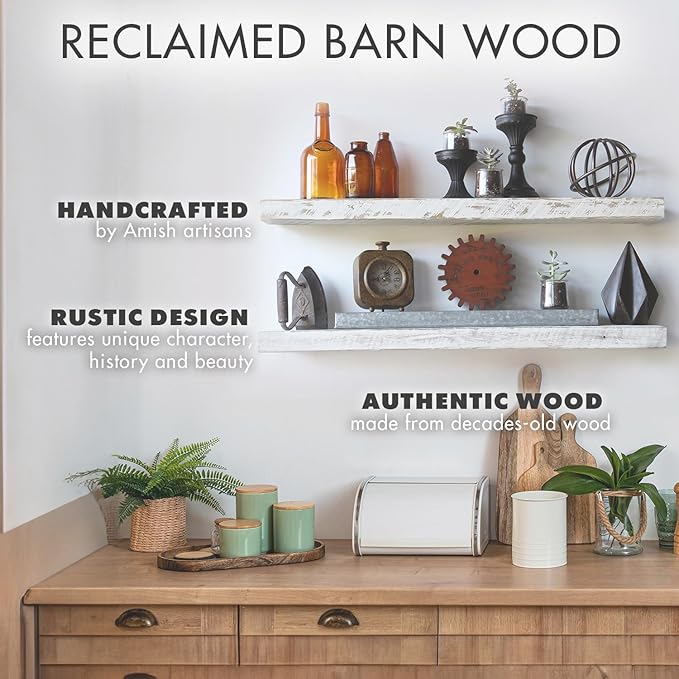 Urban Legacy Reclaimed Barnwood Planks | Floating Shelves for Wall w/Flush Mount Shelf Bracket Set Included | Set of 2 (White Wash, 18"x 4.5"x 2")