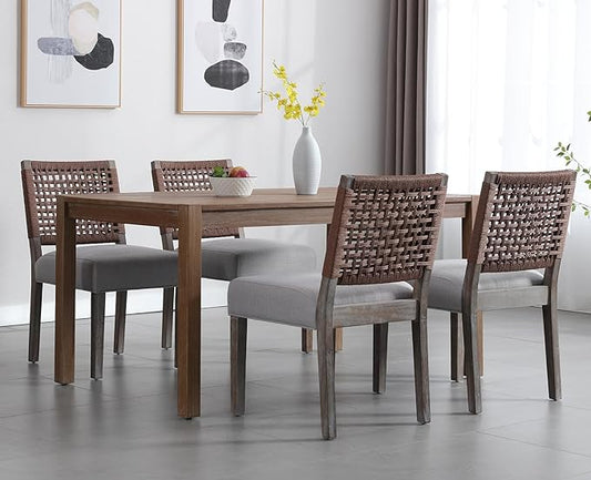 Kmax Farmhouse Dining Chairs Set of 4, Rustic Kitchen Chairs with Linen Fabric Seat and Woven Back, Vintage Accent Chairs for Dining Room, Living Room, Grey