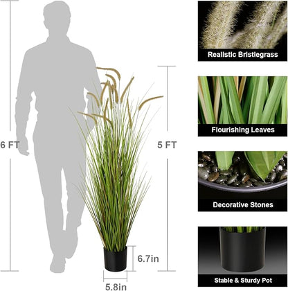 KOL Artificial 5ft 2-Pack Horsetail Reed Grass, 59in Tall Artificial Indoor Outdoor Fake Grass Plant, Home Office Decorative Artificial Plants in Pot Faux Plant Greenery, Wedding Decor Grass