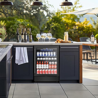 Tylza Beverage Refrigerator 24 Inch, Under Counter/Freestanding Drink Fridge, 190 Cans Beverage Cooler with Glass Door, Reversible Door, Low Noise, Quick Cooling - for Beer, Soda, ETC, Black