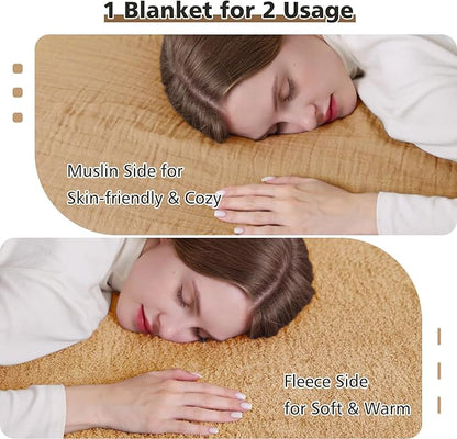 EMME Muslin and Fleece Twin Blanket Reversible - 60"*80" Beige Soft Warm Throw Blankets for Couch Bed Picnic Travel Bed