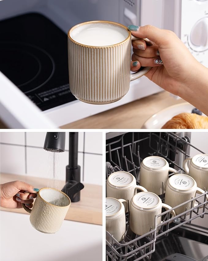 famiware Coffee Mug Set for 4, Star 12 oz Catering Mugs Cup Set with Handle for Coffee, Tea, Cocoa, Milk - Ceramic Stoneware Drinkware Set, Cappuccino White