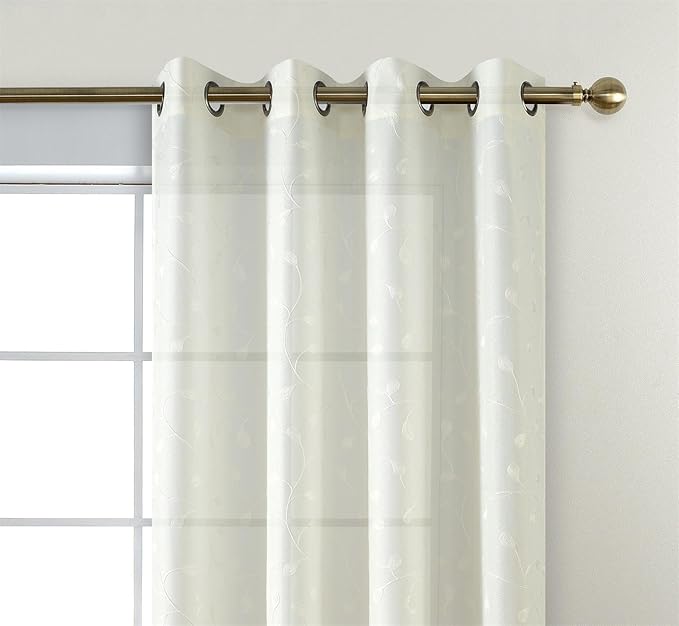 MIUCO Floral Embroidered Semi Sheer Curtains Faux Linen Grommet Curtains for Girls Room 52 x 84 Inch Set of 2, Off White