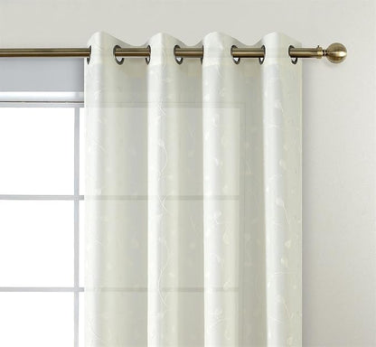 MIUCO Floral Embroidered Semi Sheer Curtains Faux Linen Grommet Curtain Panels for Living Room 52 x 95 Inch 1 Pair, Off White