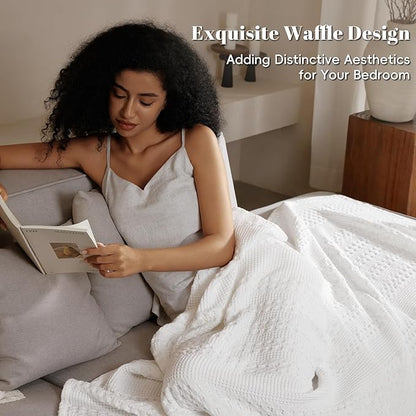 PHF 100% Cotton Waffle Weave Blanket Queen Size, Soft Lightweight Breathable Cozy Summer Blankets for Bed, Luxury Aesthetic Woven Bedding for Home Decor, 90"x90", White