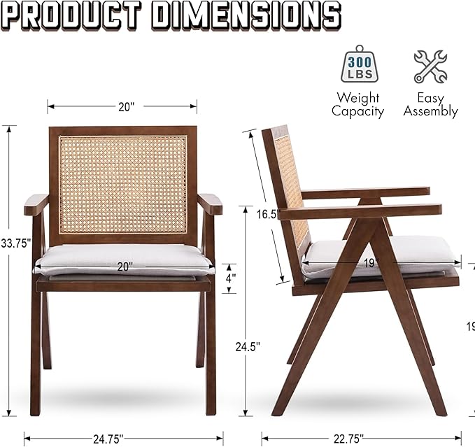 Rattan Dining Chairs Set of 2, Farmhouse Wicker Dining Chairs with Removable Linen Cushion Accent Cane Armchair for Dining Room Kitchen Restaurant, Walnut