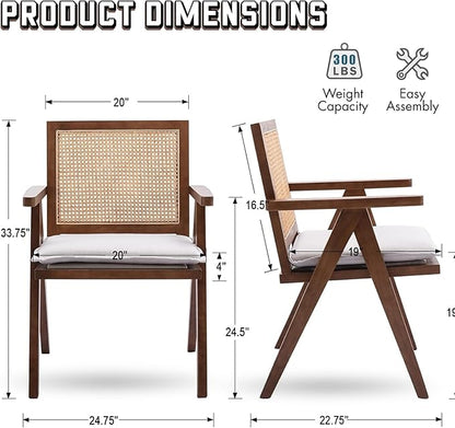 Rattan Dining Chairs Set of 2, Farmhouse Wicker Dining Chairs with Removable Linen Cushion Accent Cane Armchair for Dining Room Kitchen Restaurant, Walnut