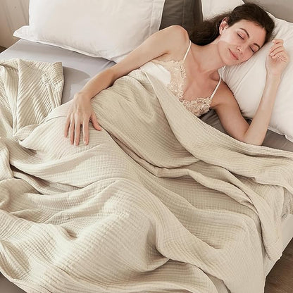 EMME Cotton Throw Blanket Large 50"x70" Gifts for Women 100% Muslin for Couch Breathable Gauze All Season Soft and Lightweight Pre-Washed (Light Tan)