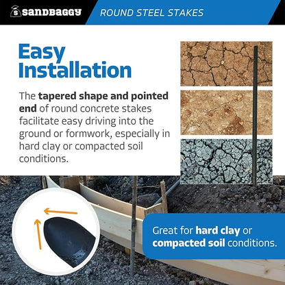 Sandbaggy Round Steel Concrete Form Stakes with Nail Holes - Rust Resistant Coating - Removable, Reusable (20, 3/4 in X 24 in)