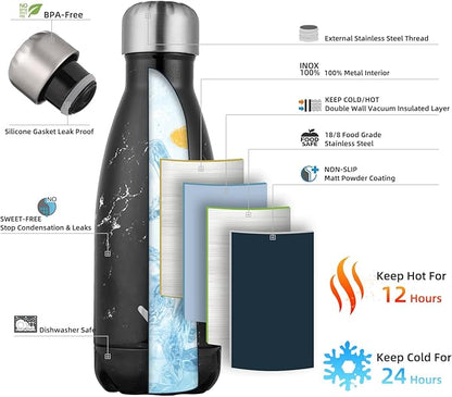 Insulated Water Bottles,12 oz Double Wall Stainless Steel Vacumm Metal Flask for Sports Travel,Marble Midnight
