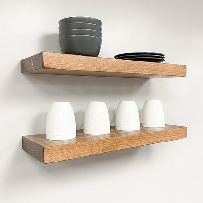 AUDRIELLE URBANDI, Rustic Floating Shelves, Set of 2, Hidden Bracket, Solid Wood, Heavy Duty, Wall Mounted Shelves, (Brown, 24Wx6D)