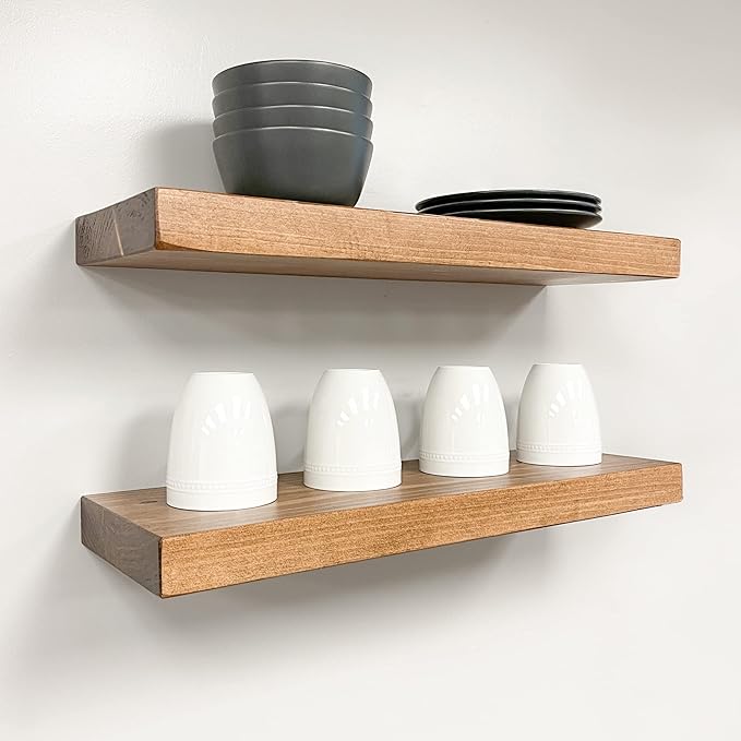 URBANDI, Rustic Floating Shelves, Set of 2, Hidden Bracket, Solid Wood, Heavy Duty, Wall Mounted Shelves, (Brown, 48Wx8D)