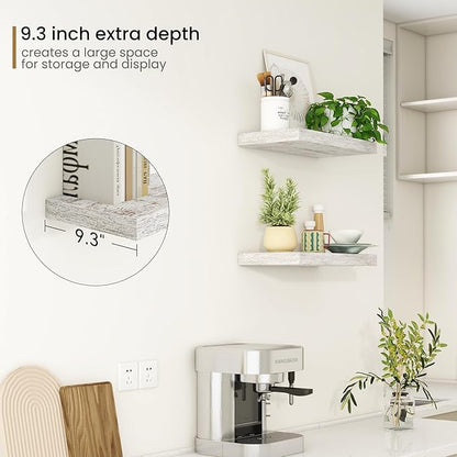 Fun Memories Deep Floating Shelves - 16" W x 9" D x 1.6" H Rustic Grey Wall Shelf - Wall Mounted Shelves for Storage - Wooden Shelves with Invisible Brackets for Living Room, Farmhouse - Set of 2