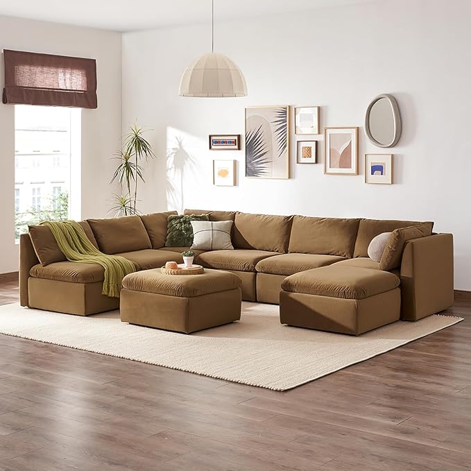 mopio Oversized Modular Sectional Sofa with Fully Removable Covers and Storage, Convertible U, L-Shaped and Sleeper Sectional, Modern Couches with Ottoman Chaise (Hazelnut Velvet, 8 Seats, U)