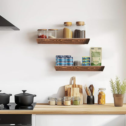 16"x6.8"x1.6" Slanted Floating Wall Shelves 2-Pack - Rustic Brown Finish, Heavy-Duty Solid Wood Design with Hidden Brackets - Perfect for Living Room, Kitchen, Bathroom, or Office