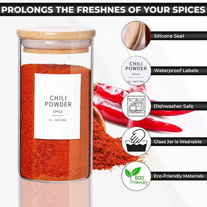 12 Pcs Glass Spice Jars With Bamboo Airtight Lids, 10oz Thicken(2.4mm) Spice Containers With 148 Minimalist Preprinted Waterproof Spice Labels, Kitchen Empty Small Storage Jars For Seasoning, Herb