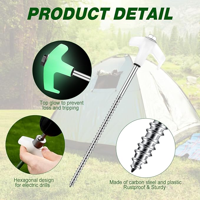 Hicarer 60 Pcs 20 Pcs 8'' Screw in Tent Stakes Heavy Duty Ground Metal Stakes for Inflatables with Hex Head Driver for Outdoor Camping Tent Inflatable Garden Decor (Luminous White)