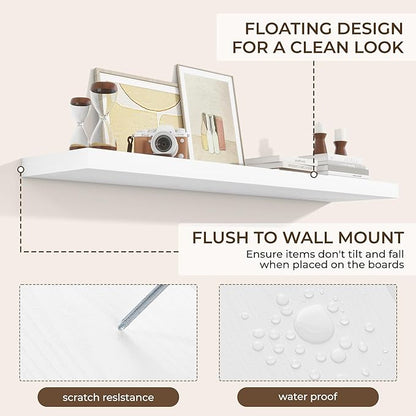 RICHFOCUS 55Inch Floating Shelves for Wall 1 Pack Shelves for Bedroom|Kitchen|Bathroom Wall Mounted Rustic Wood Floating Shelf with Invisible Brackets for Books|Storage|Decor, White