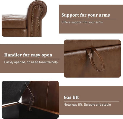 Furniliving 55” End of Bed Bench, Bedroom Bench with Button-Tufted, Large Upholstered Storage Ottoman Entryway Bench with Storage Shoe Cabinet Bench, for Bedroom, PU, Brown