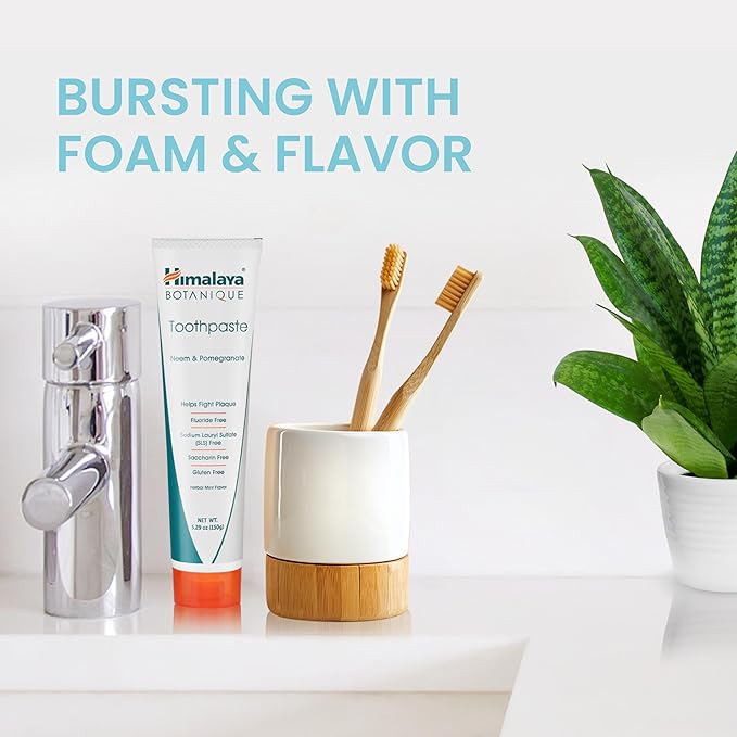 Himalaya Botanique Original Neem & Pomegranate Botanical Toothpaste, Fights Plaque, Brightens Teeth, Fluoride Free, No Artificial Flavors, SLS Free, Cruelty Free, Foaming, Mint Flavor, 5.29 Oz, 2 Pack